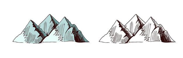 Hand-drawn sketch set of mountain peaks, colored and monochrome vintage illustrations vector