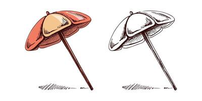Hand-drawn sketch set of beach umbrellas, colored and monochrome vintage illustrations vector
