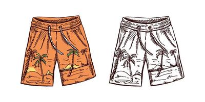 Hand-drawn sketch set of beach shorts with tropical print, colored and monochrome vintage illustrations vector