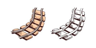 Hand-drawn colored and monochrome railway track illustration in vintage sketch style vector