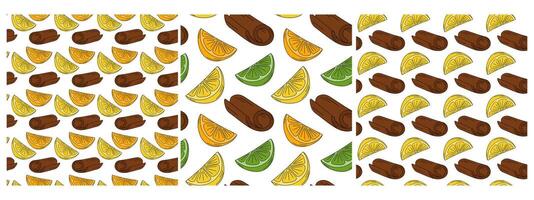 Cinnamon stick Orange Lemon Lime slices Seamless pattern Pop Art Citrus Fruits Background idea Set 3. Isolated illustration Wallpaper web promo banner, leaflets, poster, brochure, price, labels vector
