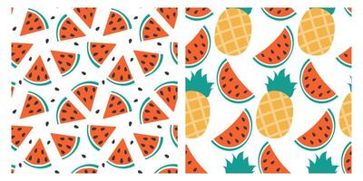 Watermelon Triangular slices Whole Pineapple with leaves Seamless Pattern Tropical Background Set 2. Isolated illustration Wallpaper Thematic card or web promo banner, leaflet, price tag, label vector