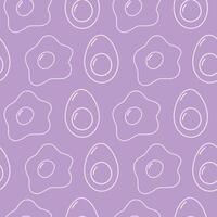 Outline Hard Boiled and Fried eggs with yolk Seamless pattern White on lilac background Egg Day fond. Isolated illustration Wallpaper Thematic, greeting or recipe, menu cards, web promo banner vector