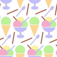 Pistachio Ice cream cone Various Ice cream scoops in bowl Cookie tube Dessert spoon Seamless Pattern. Isolated illustration Ice Cream Day Greeting Menu Cards, print material or web promo banner vector