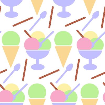 Pistachio Ice cream cone Various Ice cream scoops in bowl Cookie tube Dessert spoon Seamless Pattern. Isolated illustration Ice Cream Day Greeting Menu Cards, print material or web promo banner