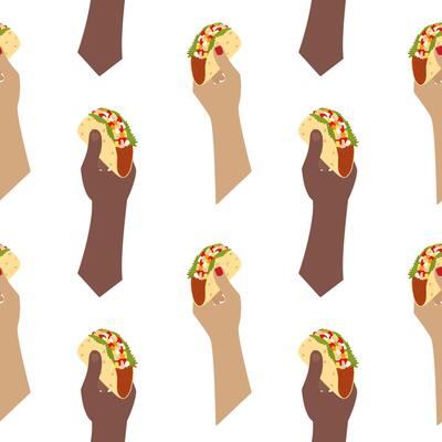 Woman manicured hand and Latin American man hand hold meat and vegetable fill Taco Seamless Pattern. Isolated illustration Wallpaper Background Thematic or menu cards, web promo leaflets, price