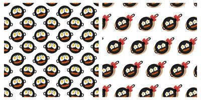 Grill pan Cast iron skillet Fried eggs Ketchup strip on sausage like smiling face Seamless Patterns Set 2. Isolated illustration Culinary food poster Background Thematic or menu cards, leaflets vector