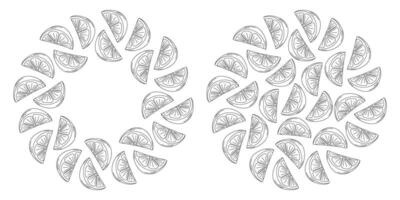 Freehand Lemon slices Circular Frame border Round Background Minimalistic Template Copy space Set 2. Isolated illustration Thematic Cards posters, labels, price tag or web promo banner, leaflet vector