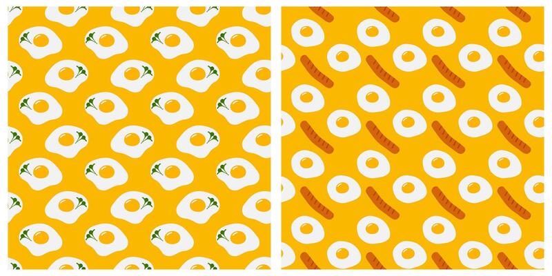 Fried eggs Microgreen Grill Sausages Seamless pattern on trendy yellow World Egg Day Background idea. Isolated illustration Wallpaper Culinary Food poster Thematic Menu cards, web promo leaflet
