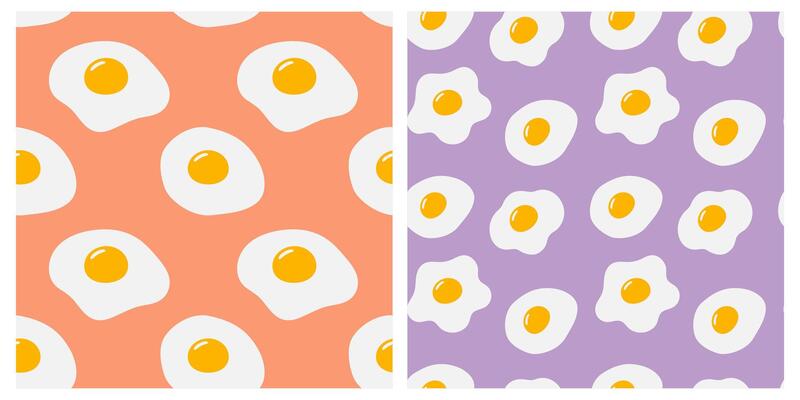 Fried eggs with yolk various protein shape Seamless Pattern on Trendy lavender and coral Backgrounds. Isolated illustration Culinary Food poster Thematic or menu cards, web promo leaflets, tag