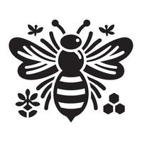 A simple, stylized graphic of a bee, presented in solid black silhouette. vector