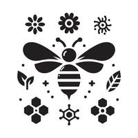 A black and white, solid graphic design of a bee, showcasing a geometric, stylized interpretation of bee body and wings. vector