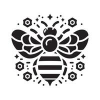 A whimsical, black and white graphic of a bee with stylized wings and a cheerful face, surrounded by small floral and star shapes. vector