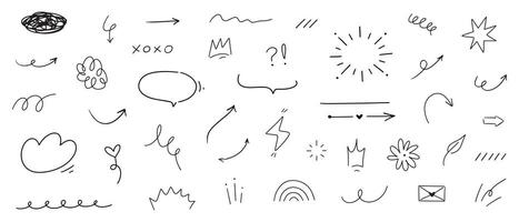 Hand drawn different line elements. Doodle sketch style arrows, scribbles, stars, speech bubbles and underlines. Grunge element set on white background. vector