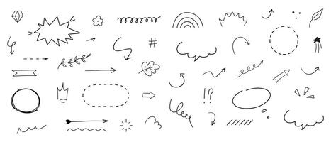 Hand drawn different simple line elements. Doodle sketch style arrows, scribbles, stars, speech bubbles and underlines. Hand drawn element set on white background. vector