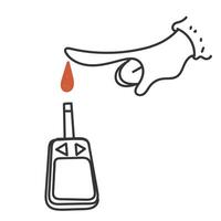 a hand pointing to a glucose meter with a drop of blood vector