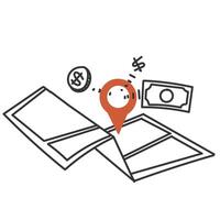 money come out of gps map pin point money location in doodle style vector
