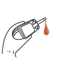 a hand holding a glucose tester with a drop of blood on it vector