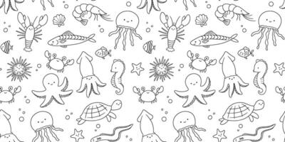 Seamless pattern with outline sea animals on white background, underwater life, illustrations. Nautical repeating monochrome design for nursery vector
