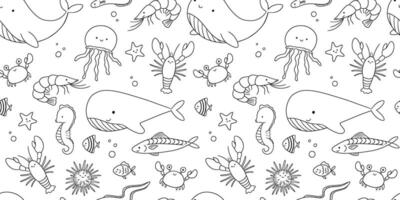 Seamless pattern with line sea animals on white background, underwater life, outline illustrations. Nautical repeating monochrome design for kids vector