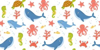 Seamless pattern with cute sea animals on white background, underwater life, childish illustrations. Nautical repeating design for nursery and kids vector
