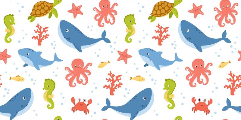 Seamless pattern with cute sea animals on white background, underwater life, childish illustrations. Nautical repeating design for nursery and kids