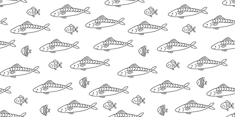Seamless pattern with sea fish on white background, underwater life, doodle illustrations. Nautical repeating monochrome design for nursery and kids