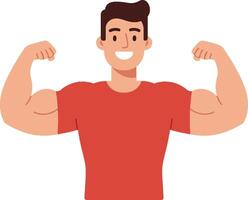 Strong muscular man in a red t-shirt flexing his arms with a cheerful expression in a flat illustration vector