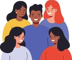 Group of five diverse friends smiling and posing together in a cheerful flat illustration vector