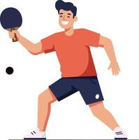 A cheerful young man playing table tennis with a paddle in hand, showcasing dynamic movement and excitement in flat art vector