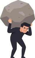 A determined man struggling to carry a heavy rock in a flat style illustration showcasing persistence and effort in an uphill challenge vector
