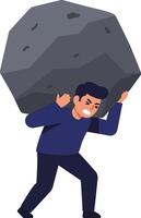 A determined man lifting a large boulder with effort in a flat and minimal illustration depicting strength and perseverance vector