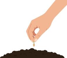 Hand planting a seed in rich soil with a focus on growth, minimal design style, and bright colors, art vector