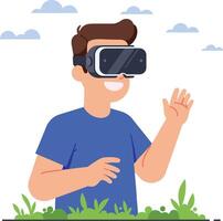 A young man wearing a virtual reality headset, exploring a digital world with excitement, flat design art vector