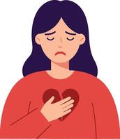 A woman with dark hair expressing sadness while holding her heart in a minimal flat illustration, conveying deep emotion and introspection in a simple design style art vector