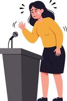 A nervous woman standing at a podium, gesturing while speaking, in a flat and colorful illustration style, conveying a sense of anxiety and public speaking tension in art vector