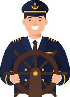 Smiling ship captain in a naval uniform confidently steering a ships wheel in a flat illustration vector