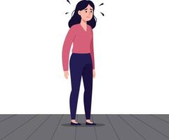 A worried young woman standing on a grey floor with a concerned expression, flat illustration capturing her anxious mood and body language in a simple design style art vector