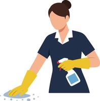 Professional woman in a blue uniform using a spray bottle to clean a surface, showcasing flat design art vector