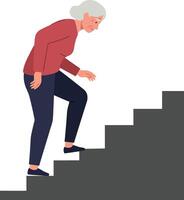 Elderly woman climbing stairs in a flat design style, showcasing determination and effort in a simple illustration vector