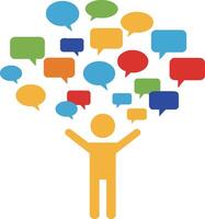 Person with raised arms surrounded by colorful speech bubbles in a flat design illustration vector