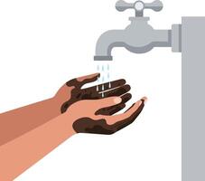 Hands washing under a faucet with flowing water in a flat, minimal style illustration focusing on hygiene and cleanliness vector