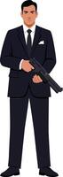 Confident man in a black suit holding a firearm, depicted in a flat style art illustrating determination and intensity in a dramatic setting. vector
