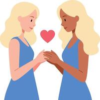 Two women holding hands with a heart symbol between them in a flat, colorful design style illustration vector