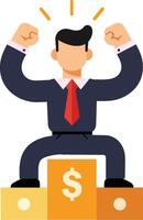 Confident businessman celebrating success while standing on podium blocks with dollar signs in colorful flat illustration vector