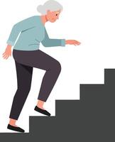 Elderly woman climbing stairs in a flat, minimal design showcasing determination and strength in art vector