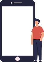 A young man standing beside a large smartphone in a minimal flat design style showcasing modern technology illustration vector