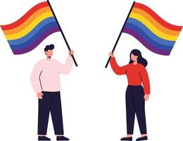 Two individuals joyfully holding rainbow flags in a minimal and vibrant design style celebrating diversity and inclusion, illustration vector