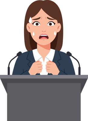 A worried woman standing at a podium in a suit, showcasing anxiety and fear in a flat illustration