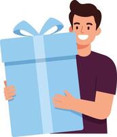 Cheerful man holding a large blue gift box with a ribbon in minimal flat design art vector